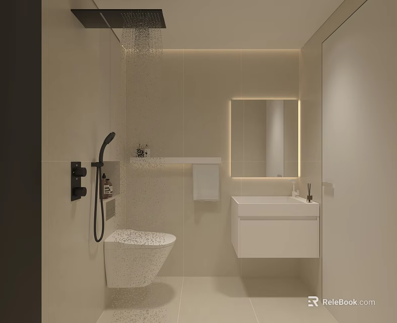 Modern Bathroom Interior With Rainfall Shower Wall Mounted Sink And Backlit Mirror 3d model 