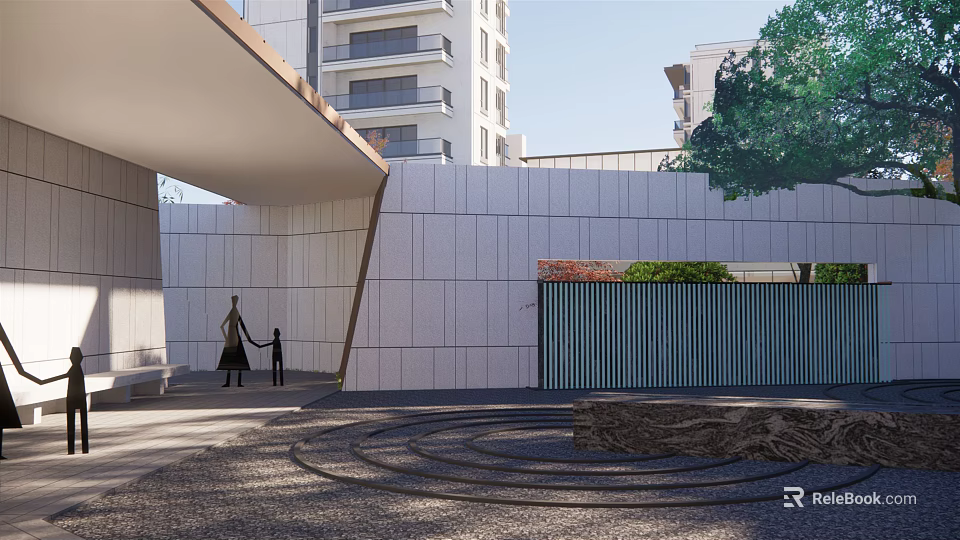 Modern Garden Landscape With White Wall Green Plants Circular Pavement And People Walking 3d model 