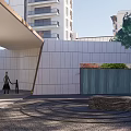 Modern Garden Landscape With White Wall Green Plants Circular Pavement And People Walking