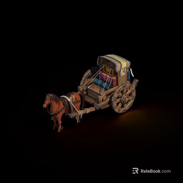 Cartoon Style Horse Drawn Carriage With Decorative Seats And Wooden Wheels 3d model 