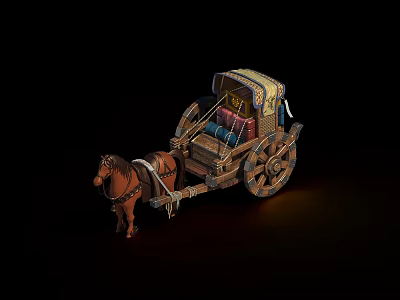 Cartoon Style Horse Drawn Carriage With Decorative Seats And Wooden Wheels 3d model
