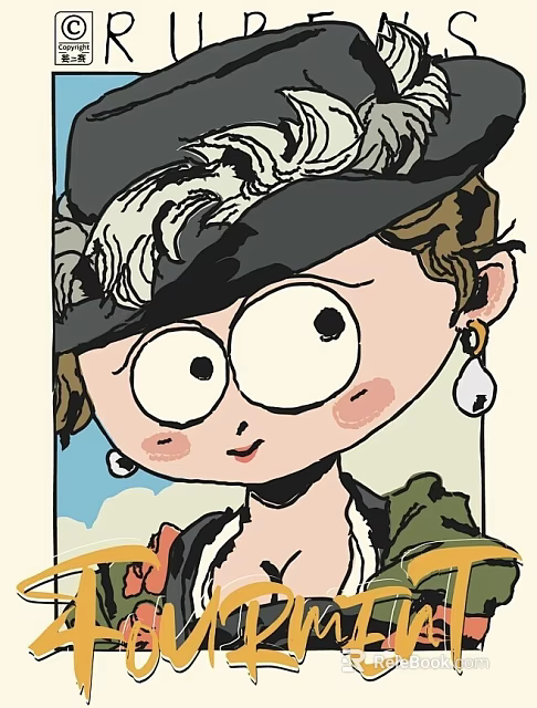 Oil Painting of Cartoon Style Woman With Big Eyes Hat And Earrings Blush On Cheeks 3d model 
