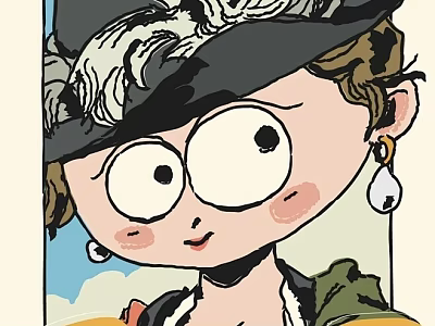Oil Painting of Cartoon Style Woman With Big Eyes Hat And Earrings Blush On Cheeks 3d model