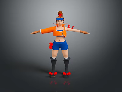 Game Movie Character Wearing Orange Crop Top Blue Shorts Goggles And Red Decorated Roller Skates 3d model