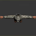 Man in military camouflage uniform stands with arms outstretched wearing brown boots against gray background