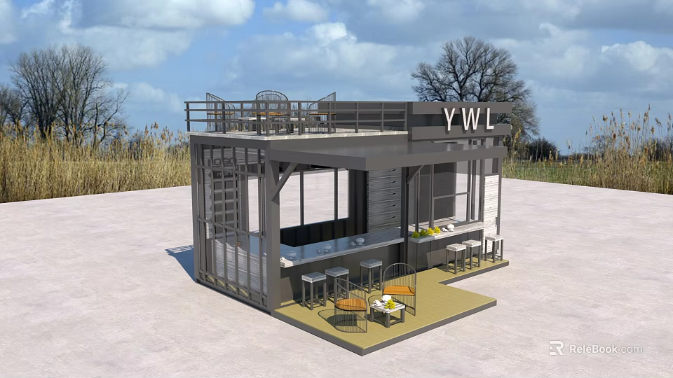 Modern Container Building With Outdoor Terrace Seating Area And Open Counter 3d model 