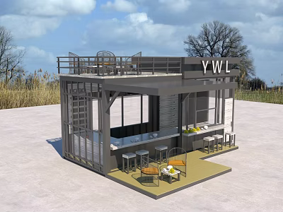 Modern Container Building With Outdoor Terrace Seating Area And Open Counter 3d model