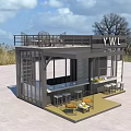Modern Container Building With Outdoor Terrace Seating Area And Open Counter