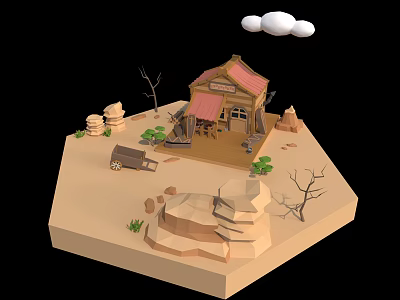 Cartoon Scene Featuring Small House Red Roof Dry Trees Stones Footprints Clouds On Sandy Ground 3d model