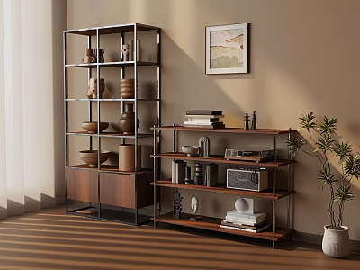 Modern Interior Decor With Wooden Metal Shelves Vases Books Painting And Potted Plant 3d model