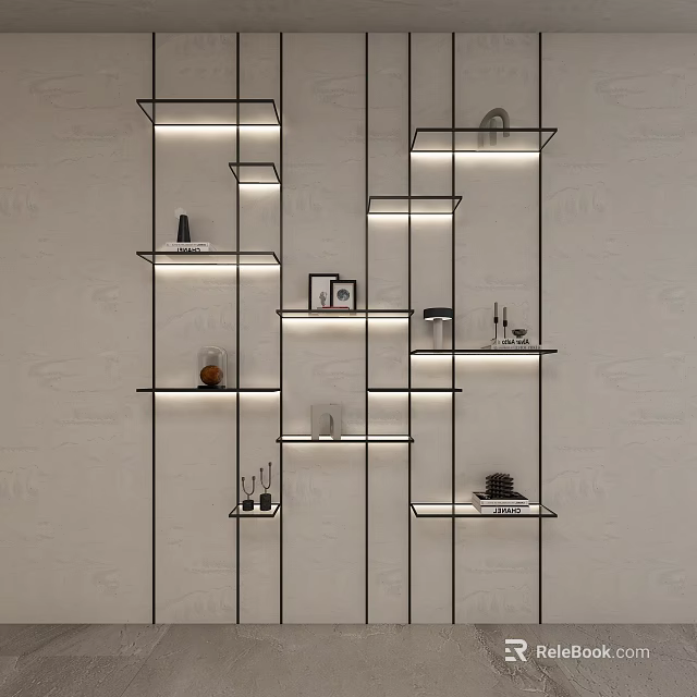 Modern Layered Wall Mounted Display Shelves With LED Lighting And Decorative Items 3d model