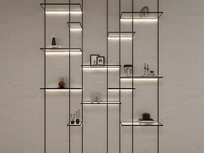Modern Layered Wall Mounted Display Shelves With LED Lighting And Decorative Items 3d model