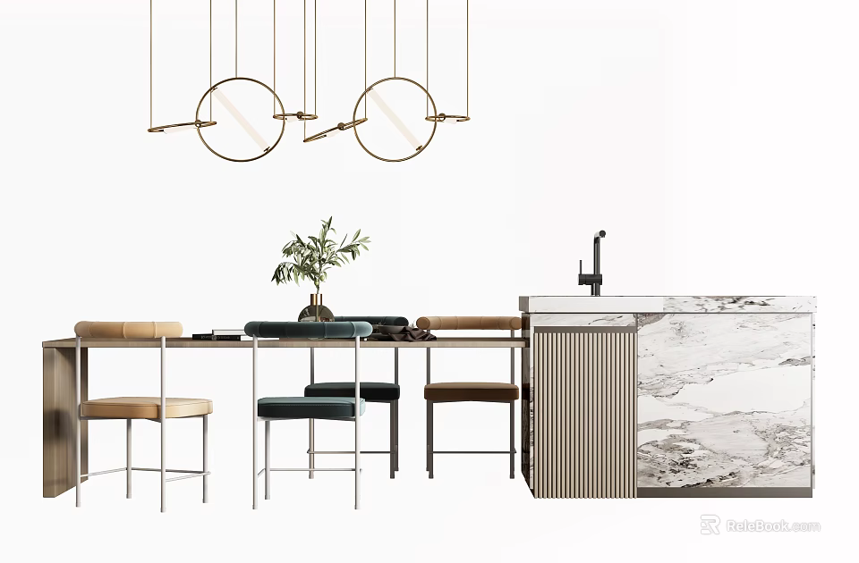 Modern Dining Table Set With Chairs Hanging Lights And Marble Countertop 3d model