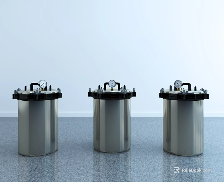 Three Silver Cylindrical Industrial Equipment With Top Mounted Gauges And Black Components 3d model 