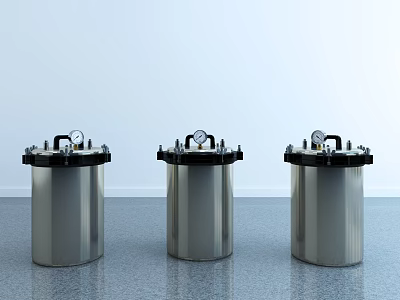 Three Silver Cylindrical Industrial Equipment With Top Mounted Gauges And Black Components 3d model
