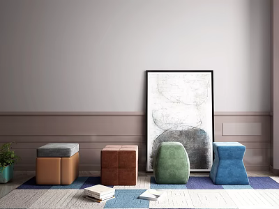 Modern Living Room Interior with Colorful Ottoman Stools Wall Art and Area Rug 3d model