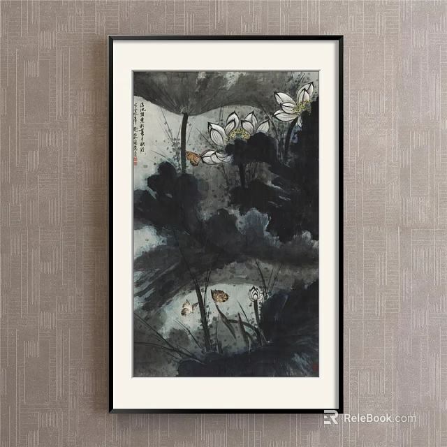 Traditional Chinese Ink Wash Botanical Painting with Lotus Flowers Leaves and Butterfly 3d model 