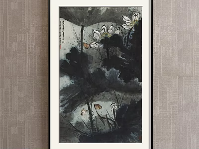 Traditional Chinese Ink Wash Botanical Painting with Lotus Flowers Leaves and Butterfly 3d model
