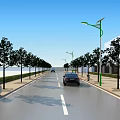 Urban Road Facilities Featuring Street Lights Trees Trash Cans And Vehicles