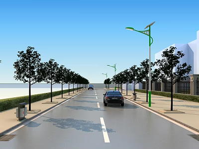 Urban Road Facilities Featuring Street Lights Trees Trash Cans And Vehicles 3d model