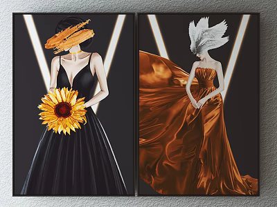 Modern Figure Portraits With Black Dress Sunflower And Orange Flowing Skirt 3d model