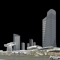 Modern Commercial Street With High Rise Buildings Glass Curtain Walls And Roads With Cars