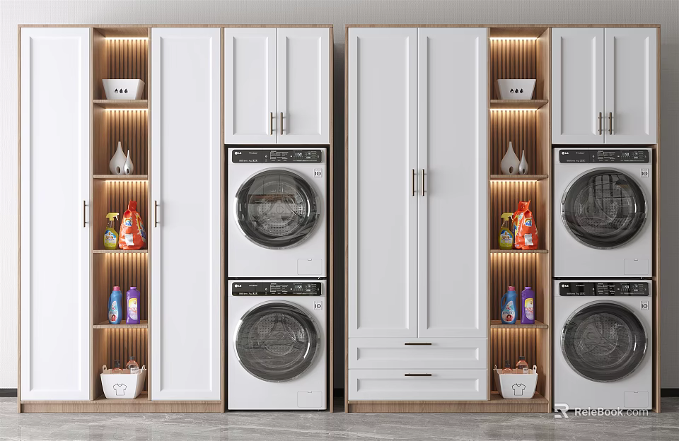 White Bathroom Cabinetry With Stacked Washing Machine Dryer Open Shelves And Laundry Supplies 3d model 