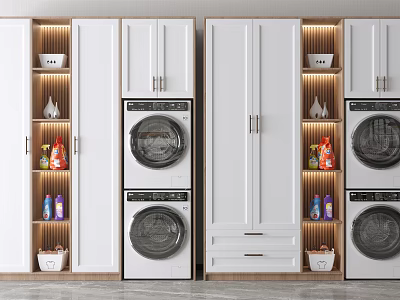 White Bathroom Cabinetry With Stacked Washing Machine Dryer Open Shelves And Laundry Supplies 3d model