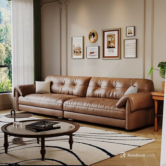 Cozy Living Room Interior With Brown Leather Sofa Framed Paintings And Round Coffee Table 3d model 