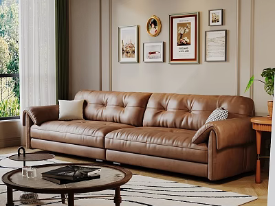 Cozy Living Room Interior With Brown Leather Sofa Framed Paintings And Round Coffee Table 3d model