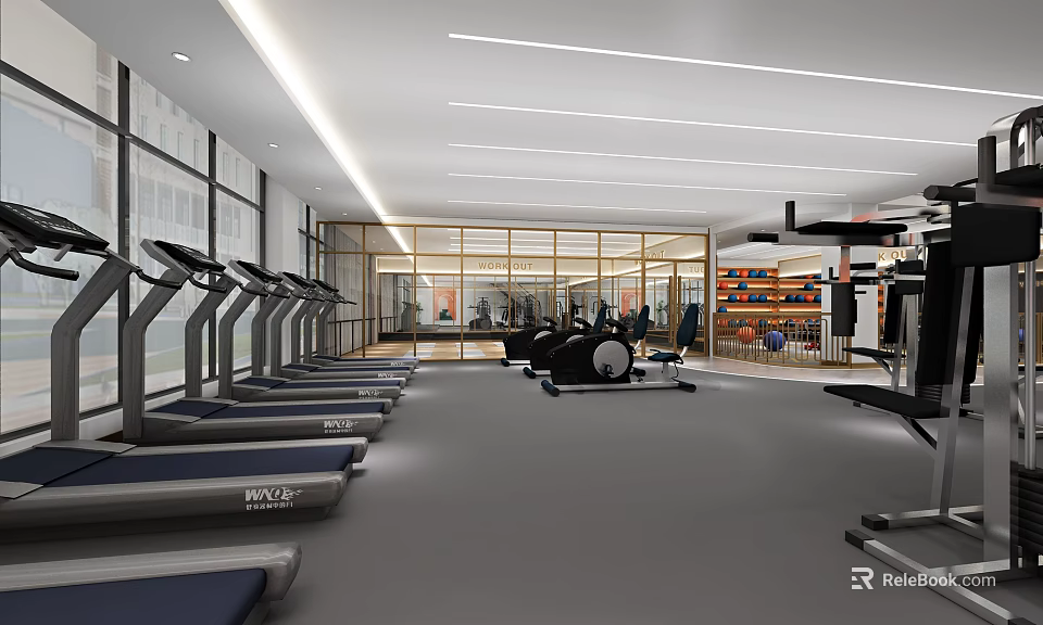 Spacious Modern Fitness Gym With Treadmills Exercise Bikes Large Windows And Bright Lighting 3d model 