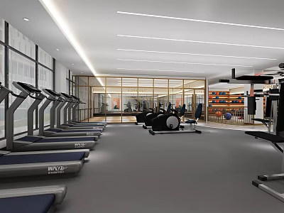 Spacious Modern Fitness Gym With Treadmills Exercise Bikes Large Windows And Bright Lighting 3d model