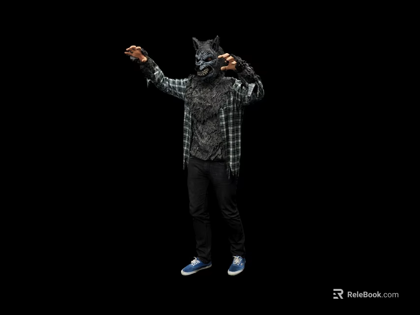 Game Movie Character In Wolf Mask Plaid Shirt Standing With Black Pants And Blue Shoes 3d model 
