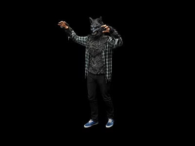 Game Movie Character In Wolf Mask Plaid Shirt Standing With Black Pants And Blue Shoes 3d model