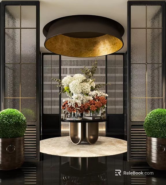 Luxurious Hotel Lobby Interior With Golden Chandelier Floral Centerpiece And Green Plants 3d model 