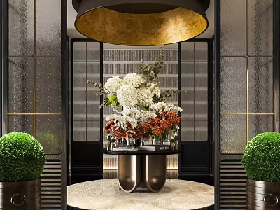 Luxurious Hotel Lobby Interior With Golden Chandelier Floral Centerpiece And Green Plants 3d model