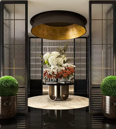 Luxurious Hotel Lobby Interior With Golden Chandelier Floral Centerpiece And Green Plants 3d model