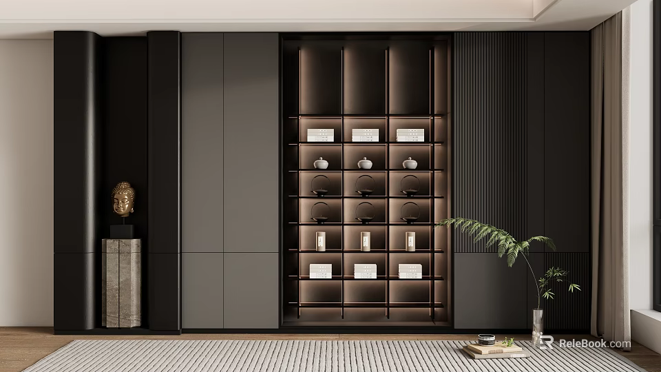 Modern Dark Built in Bookcase with Decorative Items and Green Plant in Minimalist Interior 3d model 