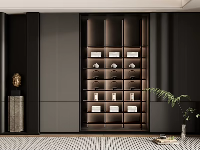 Modern Dark Built in Bookcase with Decorative Items and Green Plant in Minimalist Interior 3d model