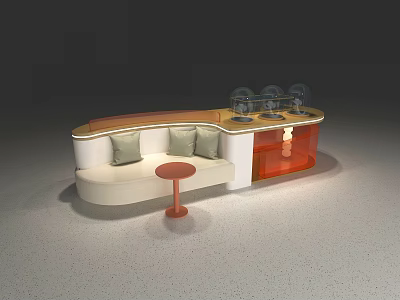 Modern Curved Display Shelf with White Orange Design Seating Area and Glass Domes 3d model