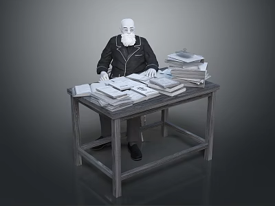 Game Movie Character White Haired Bearded Sitting At Wooden Desk With Stacked Papers And Books 3d model