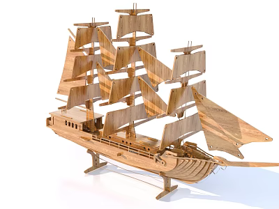 Hand Carved Wooden Sailing Ship Sculpture With Detailed Masts And Sails 3d model