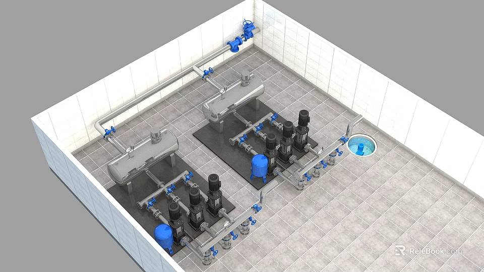 Industrial Equipment With Pipes Pumps Blue Components Installed On White Tiled Floor And Walls 3d model 