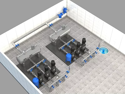 Industrial Equipment With Pipes Pumps Blue Components Installed On White Tiled Floor And Walls 3d model