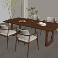 Wooden Dining Table with Beige Cushioned Chairs Vase Plants and Fruit Platter in Light Room