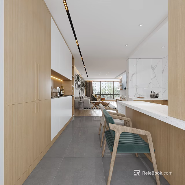 Modern Open Living Dining Room With Wooden Cabinets White Countertop And Green Chairs 3d model 