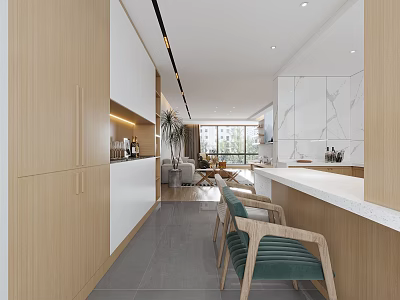 Modern Open Living Dining Room With Wooden Cabinets White Countertop And Green Chairs 3d model