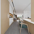 Modern Open Living Dining Room With Wooden Cabinets White Countertop And Green Chairs