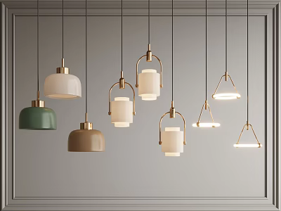 Modern Colorful Pendant Lights Featuring Green Beige Shades Gold Frames and Diverse Shapes for Interior Decor 3d model