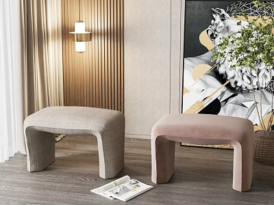 Modern Sofa Stools Light Gray And Pink With Wooden Wall Decorative Painting And Green Plant 3d model